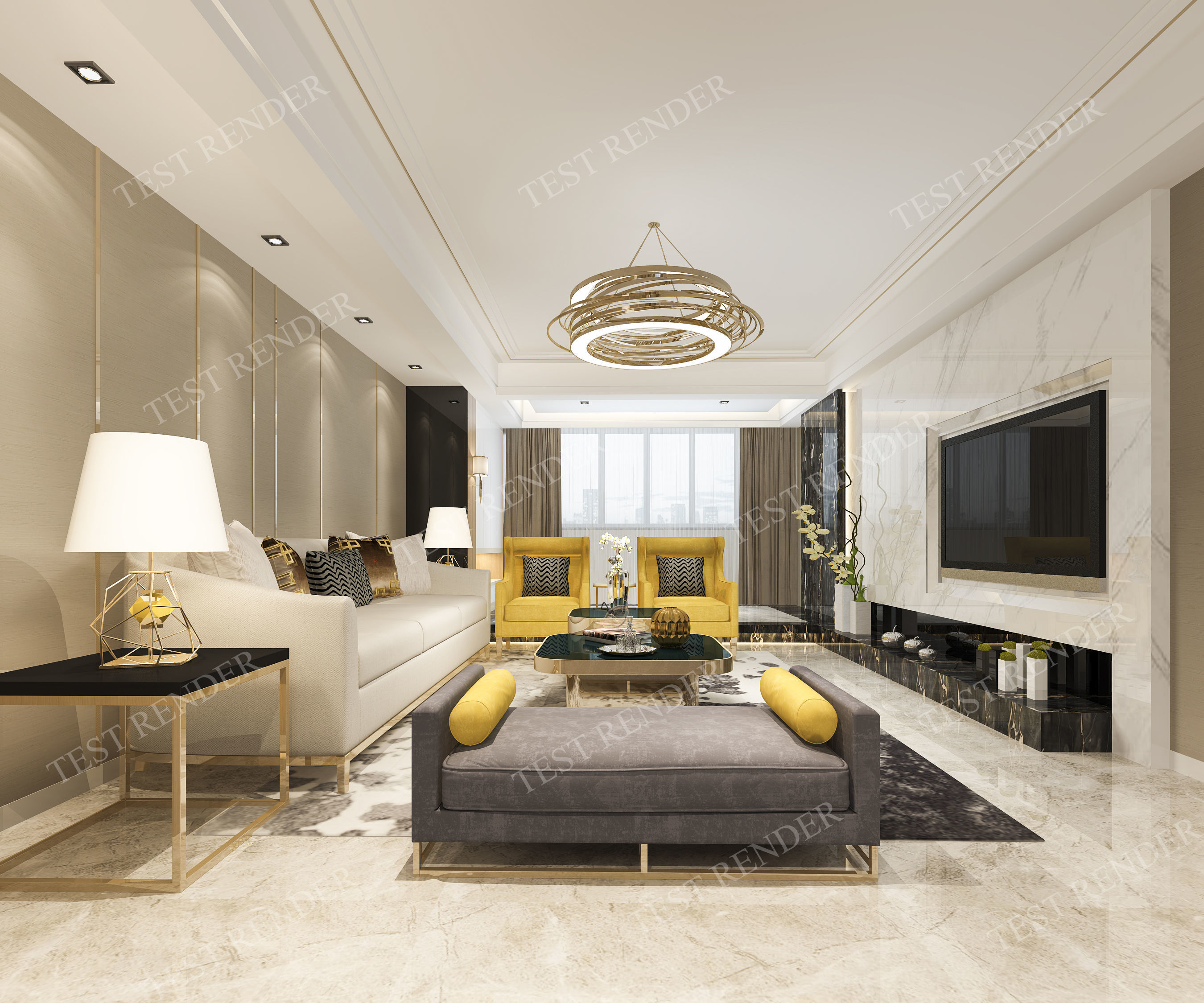 Modern Living Room With Tv Yellow Sofa Model Modern Living Room With Tv Yellow Sofa Model