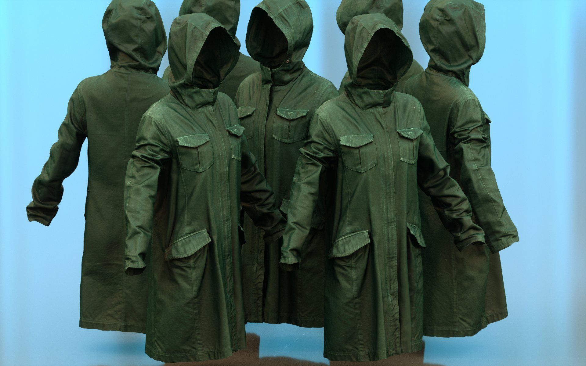 Long Green Coat Hoodie Low-poly 3D model_3
