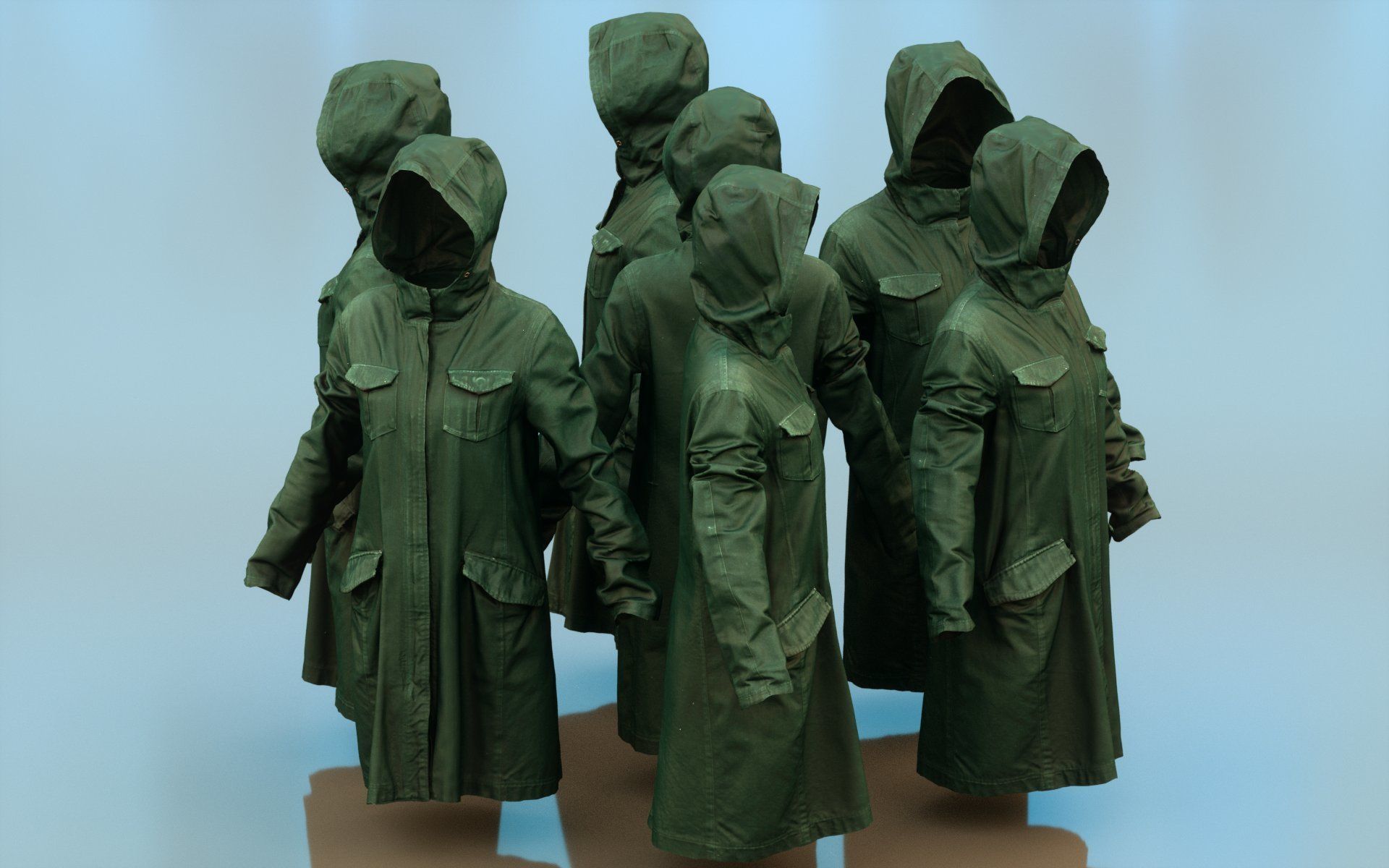 Long Green Coat Hoodie Low-poly 3D model_5