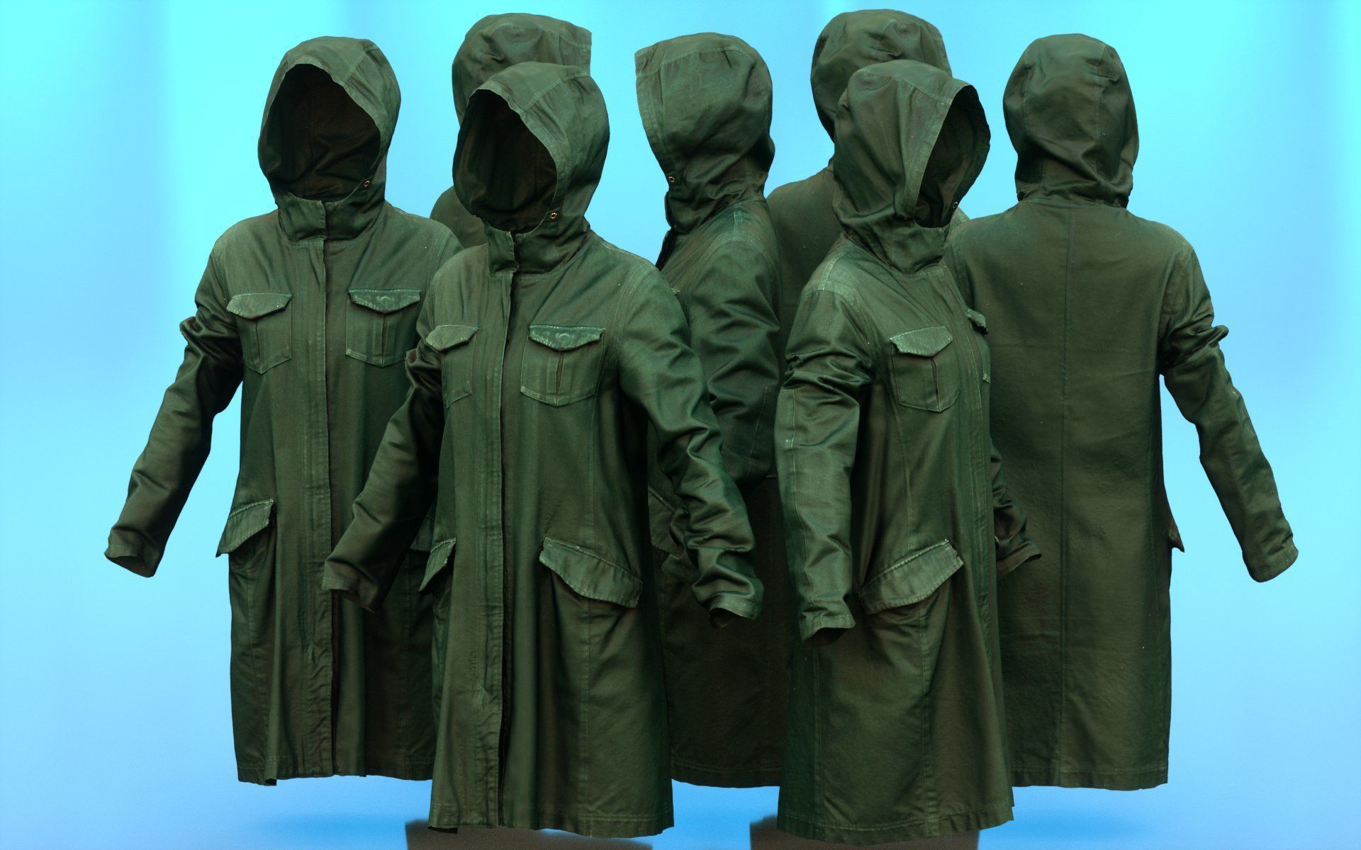 Long Green Coat Hoodie Low-poly 3D model_4