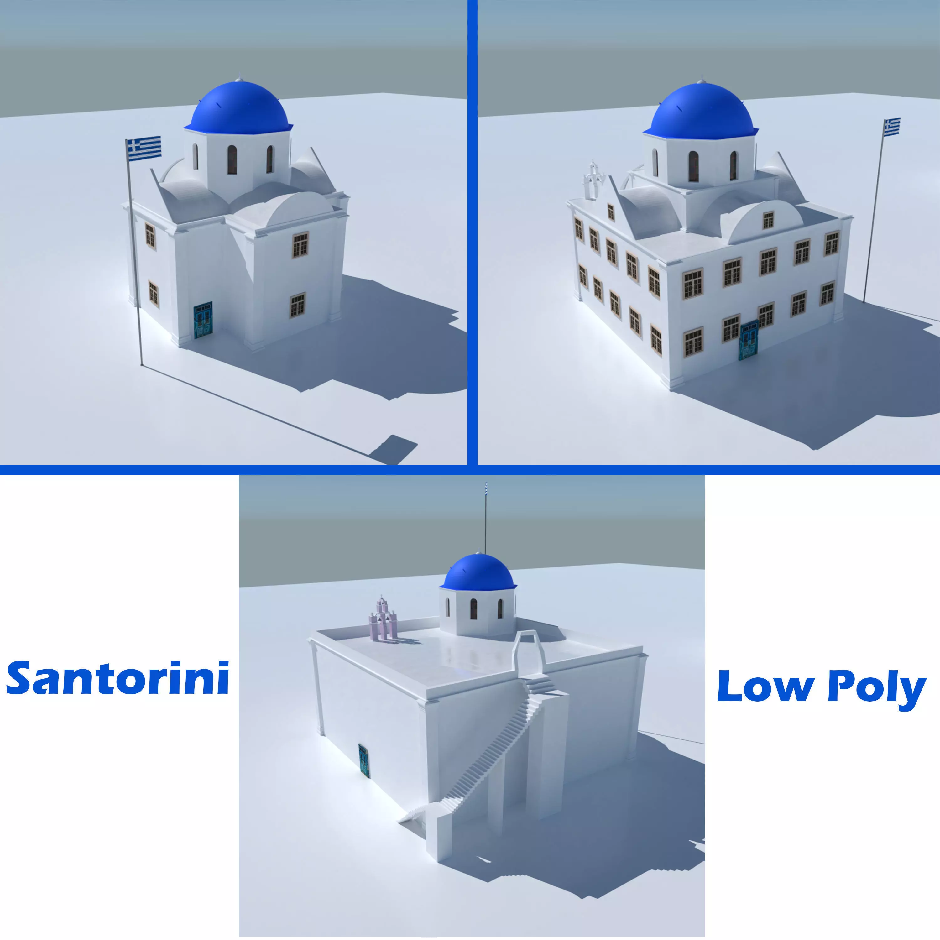 Blue Dome Church in Santorini Low-poly 3D model_0