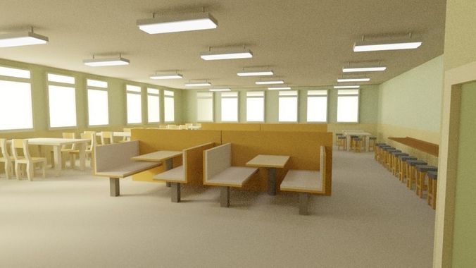 Low Poly Cafeteria interior of school Low-poly 3D model