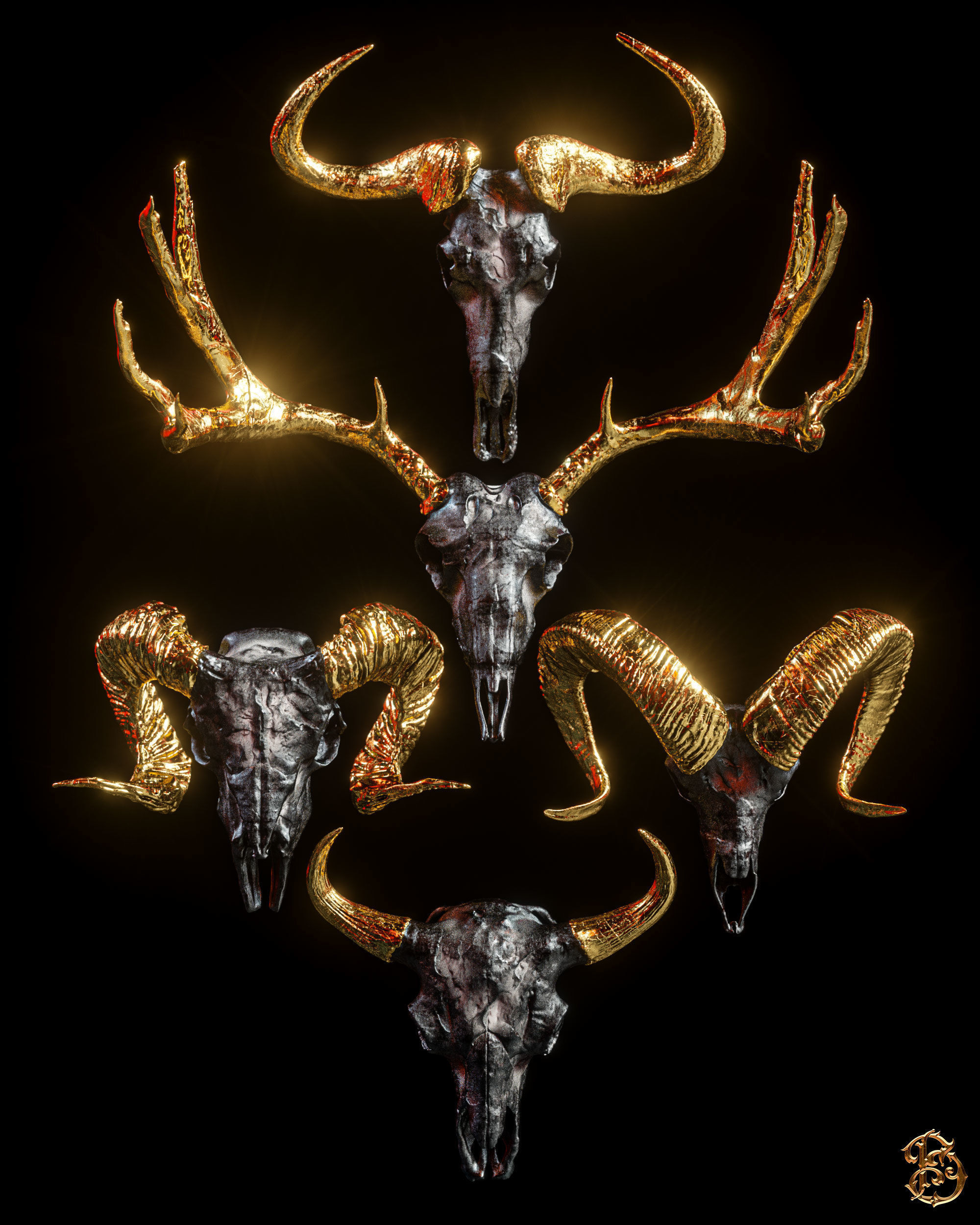 Horned Mammal Skull 3D Model Pack 3D model_1