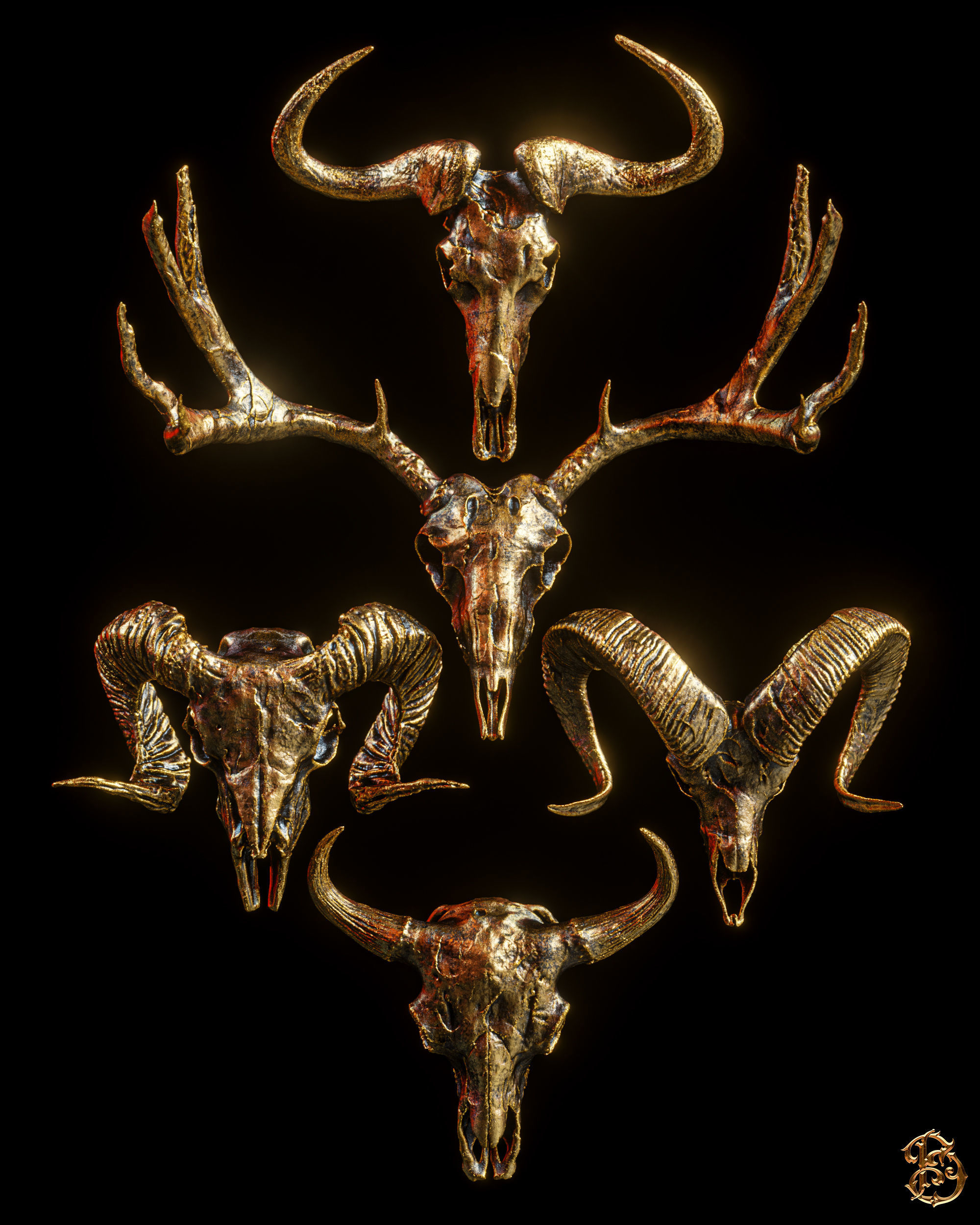 Horned Mammal Skull 3D Model Pack 3D model_2