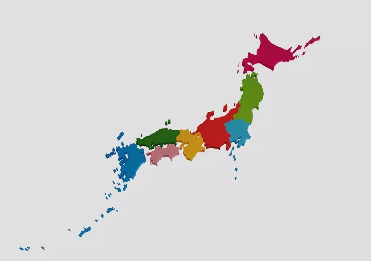 Japan 3D Map with regions and 3D Map with prefectures Low-poly 3D model