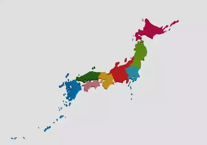 Japan 3D Map with regions and 3D Map with prefectures Low-poly 3D model