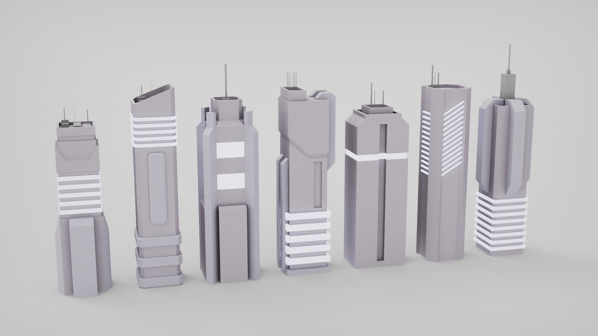 7 SciFi Skyscrapers Low-poly 3D model_1