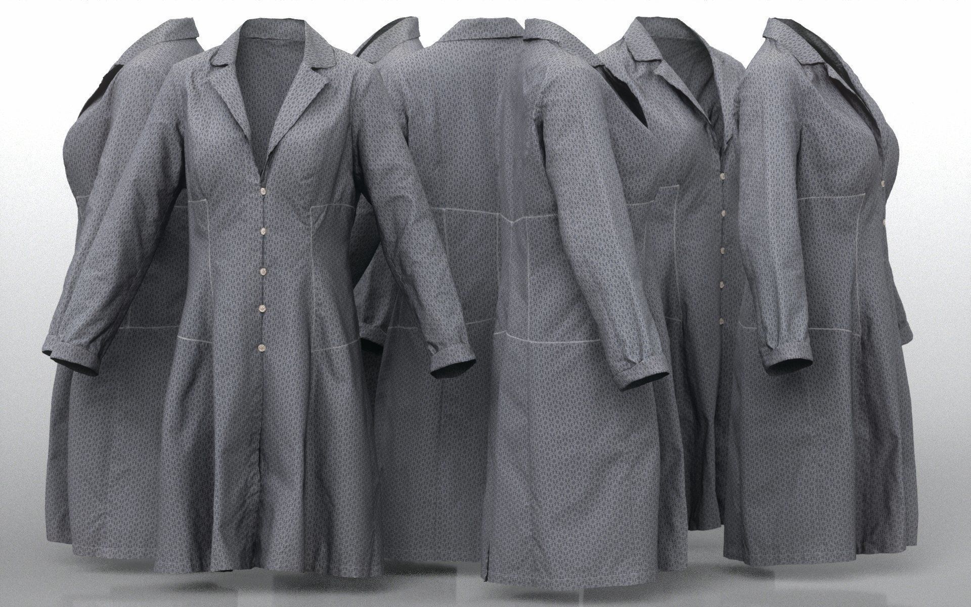 Grey Pattern Dress Buttoned Low-poly 3D model_4