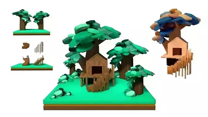 customizable low poly house and tree  SET Low-poly 3D model