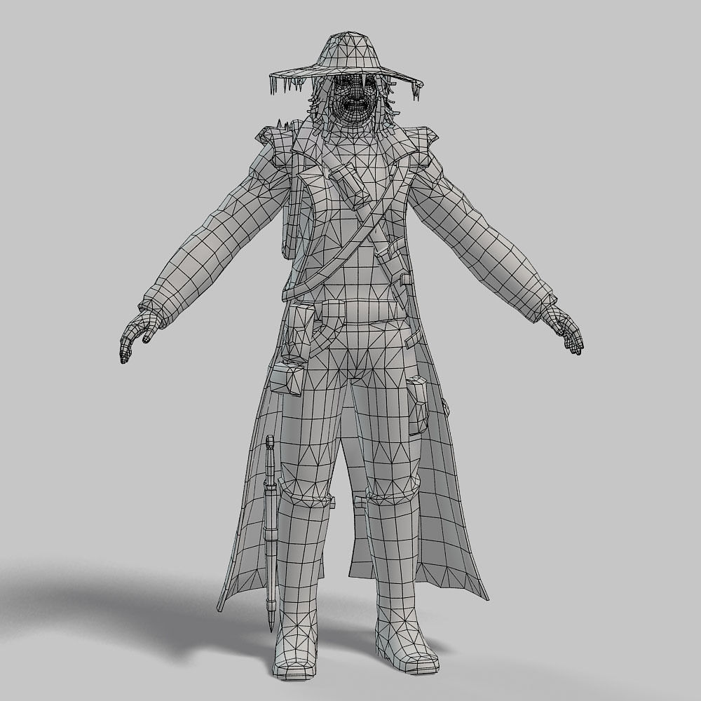 Man Cowboy Leather Coat Wide-Brimmed Hat Game Character Low-poly 3D model_49