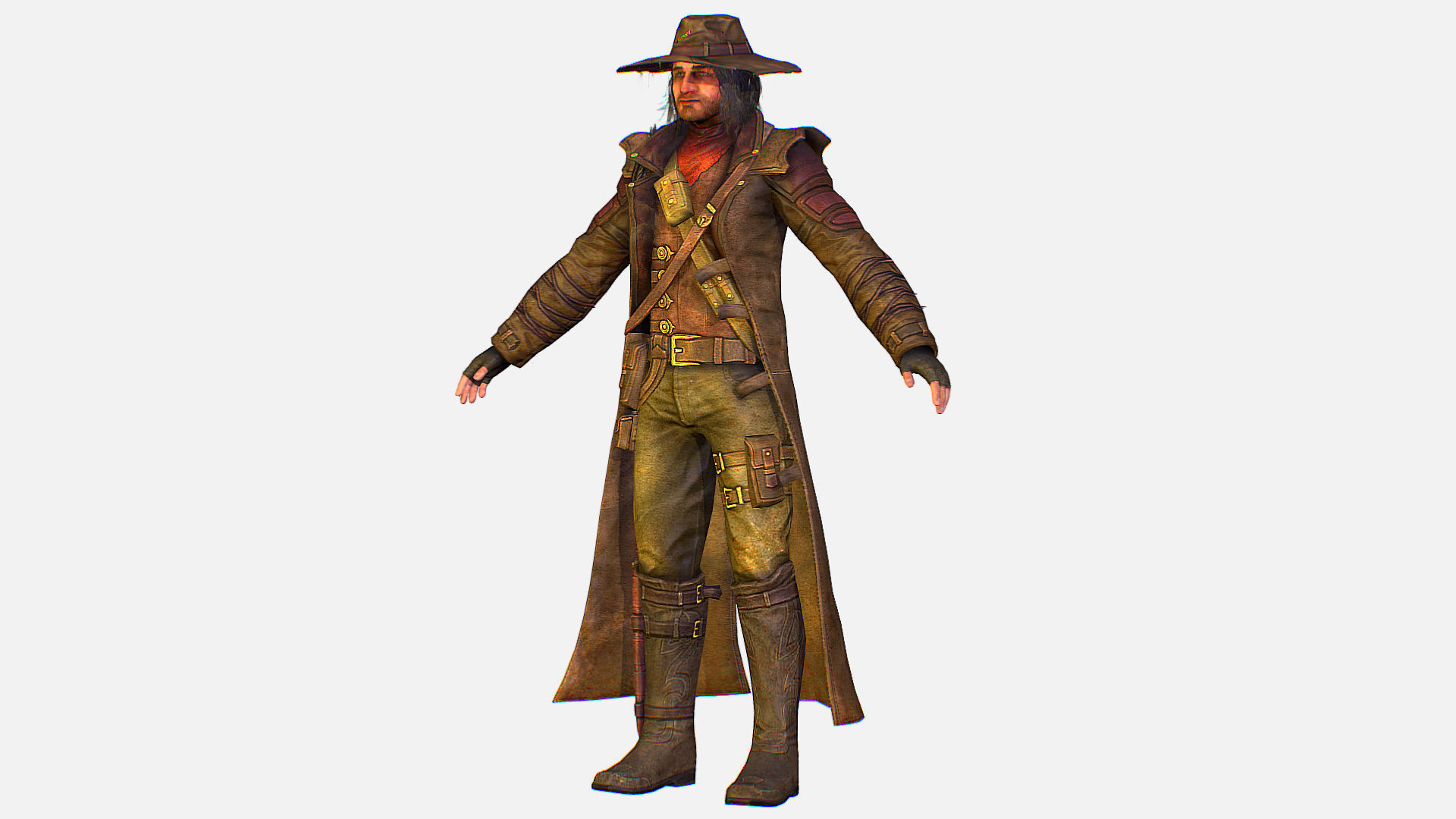 Man Cowboy Leather Coat Wide-Brimmed Hat Game Character Low-poly 3D model_2