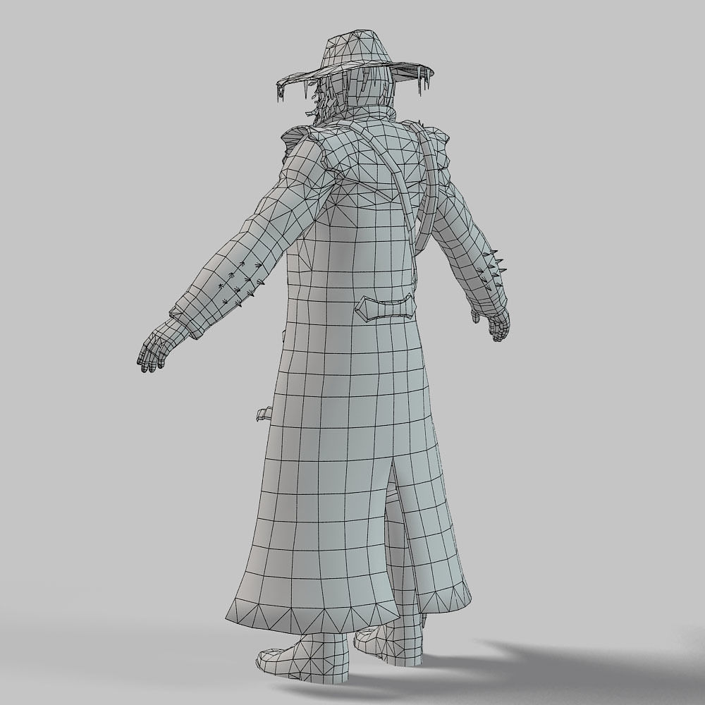 Man Cowboy Leather Coat Wide-Brimmed Hat Game Character Low-poly 3D model_52