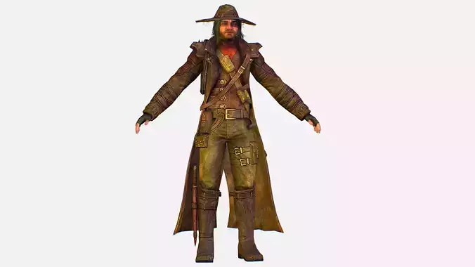 Game Character Cowboy Leather Coat Wide-Brimmed Hat  Low-poly 3D model