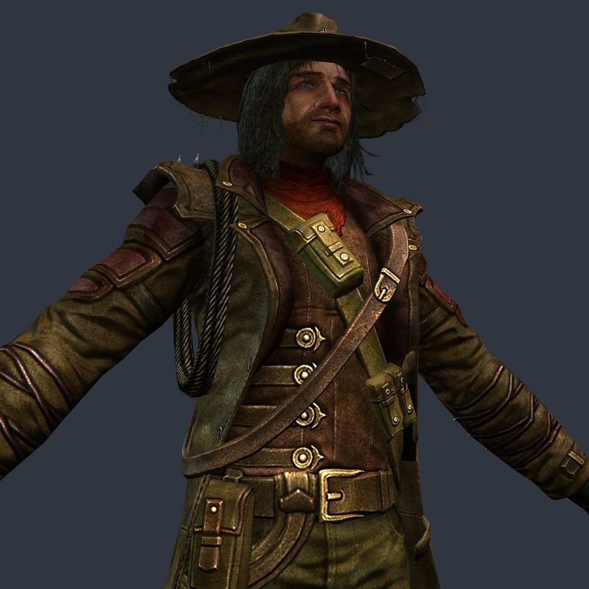 Man Cowboy Leather Coat Wide-Brimmed Hat Game Character Low-poly 3D model_34