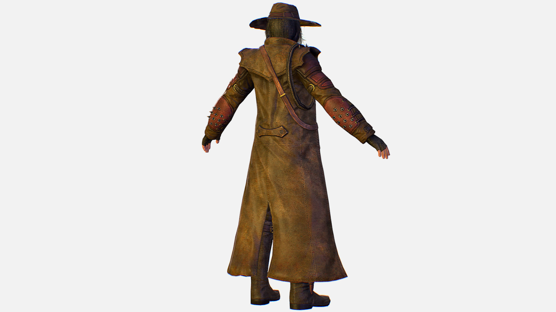 Man Cowboy Leather Coat Wide-Brimmed Hat Game Character Low-poly 3D model_7