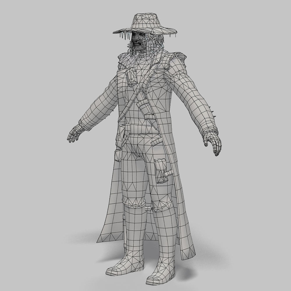 Man Cowboy Leather Coat Wide-Brimmed Hat Game Character Low-poly 3D model_53