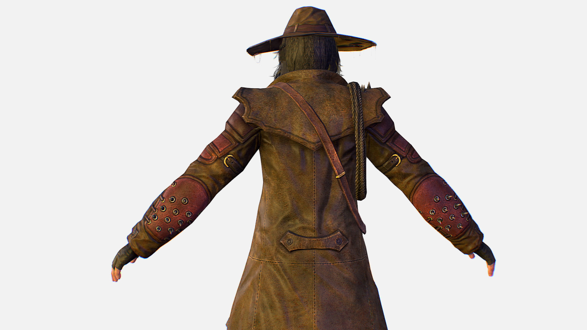 Man Cowboy Leather Coat Wide-Brimmed Hat Game Character Low-poly 3D model_15
