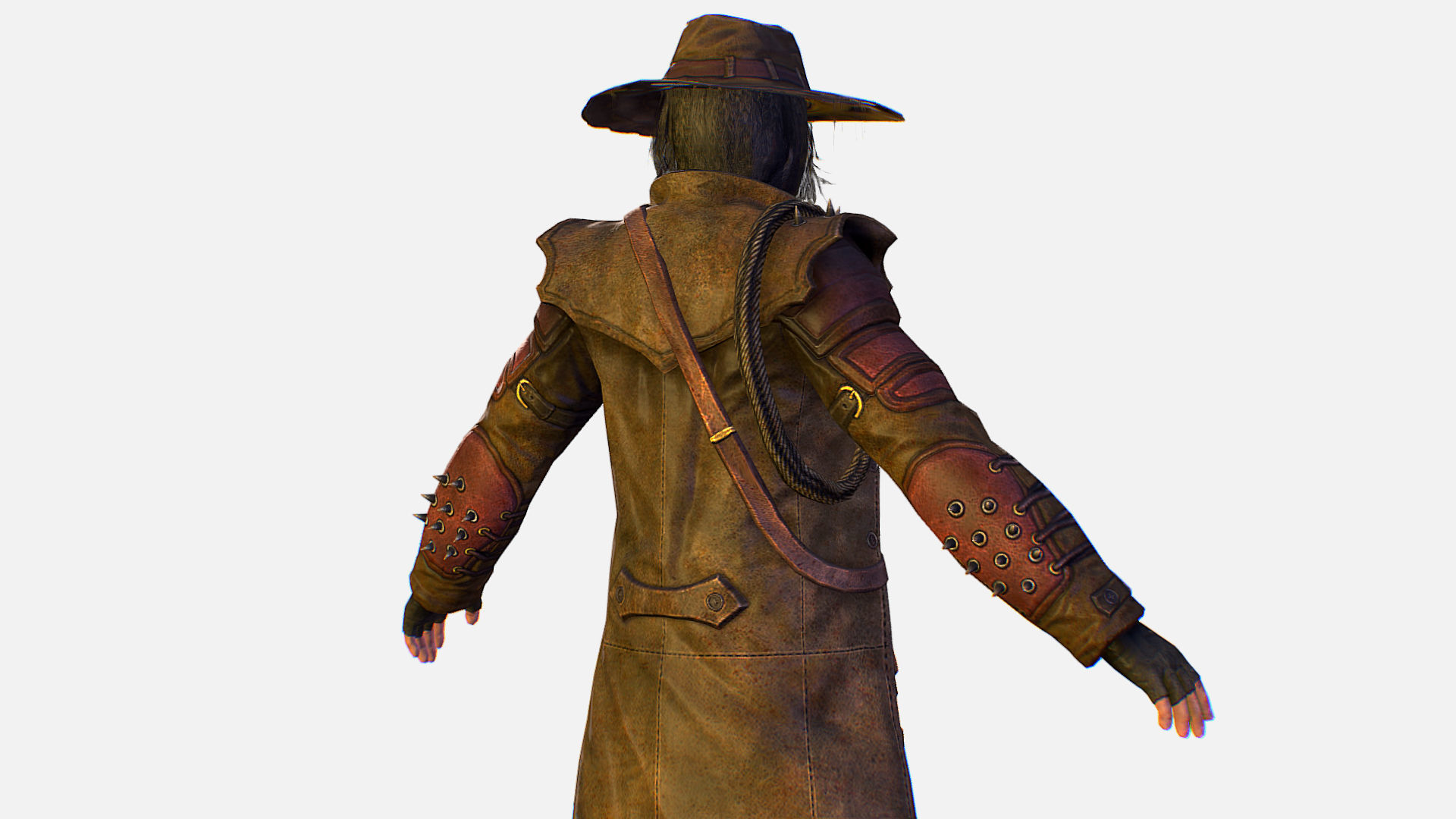 Man Cowboy Leather Coat Wide-Brimmed Hat Game Character Low-poly 3D model_16