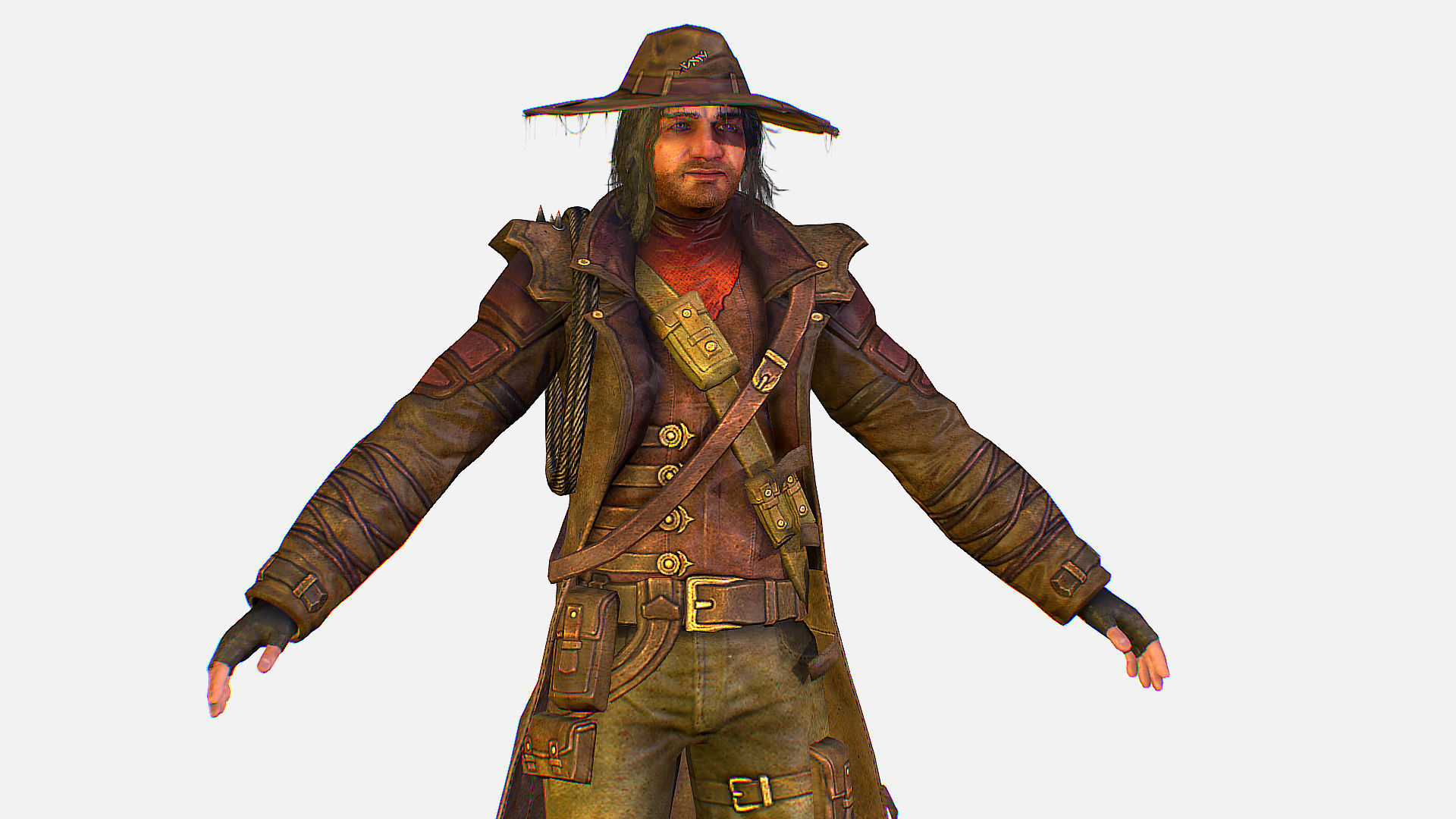 Man Cowboy Leather Coat Wide-Brimmed Hat Game Character Low-poly 3D model_11