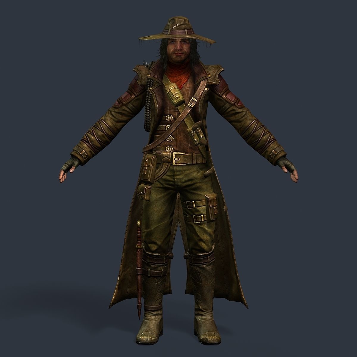 Man Cowboy Leather Coat Wide-Brimmed Hat Game Character Low-poly 3D model_47