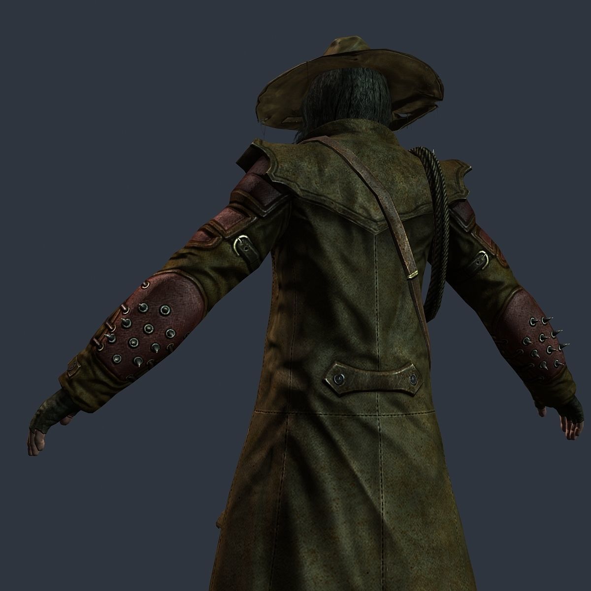 Man Cowboy Leather Coat Wide-Brimmed Hat Game Character Low-poly 3D model_32