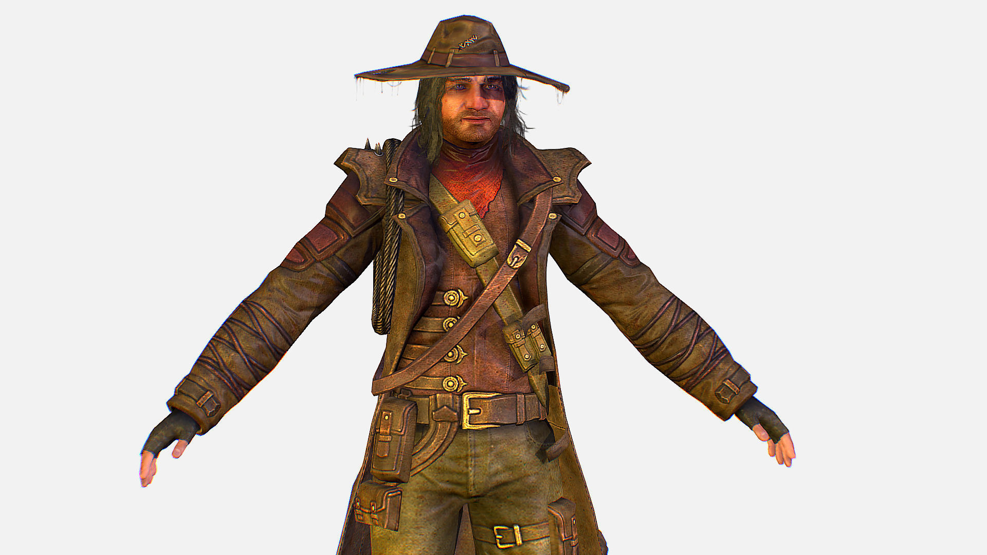 Man Cowboy Leather Coat Wide-Brimmed Hat Game Character Low-poly 3D model_19