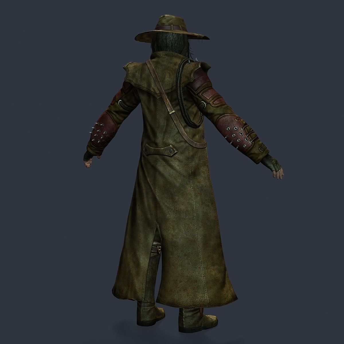 Man Cowboy Leather Coat Wide-Brimmed Hat Game Character Low-poly 3D model_44