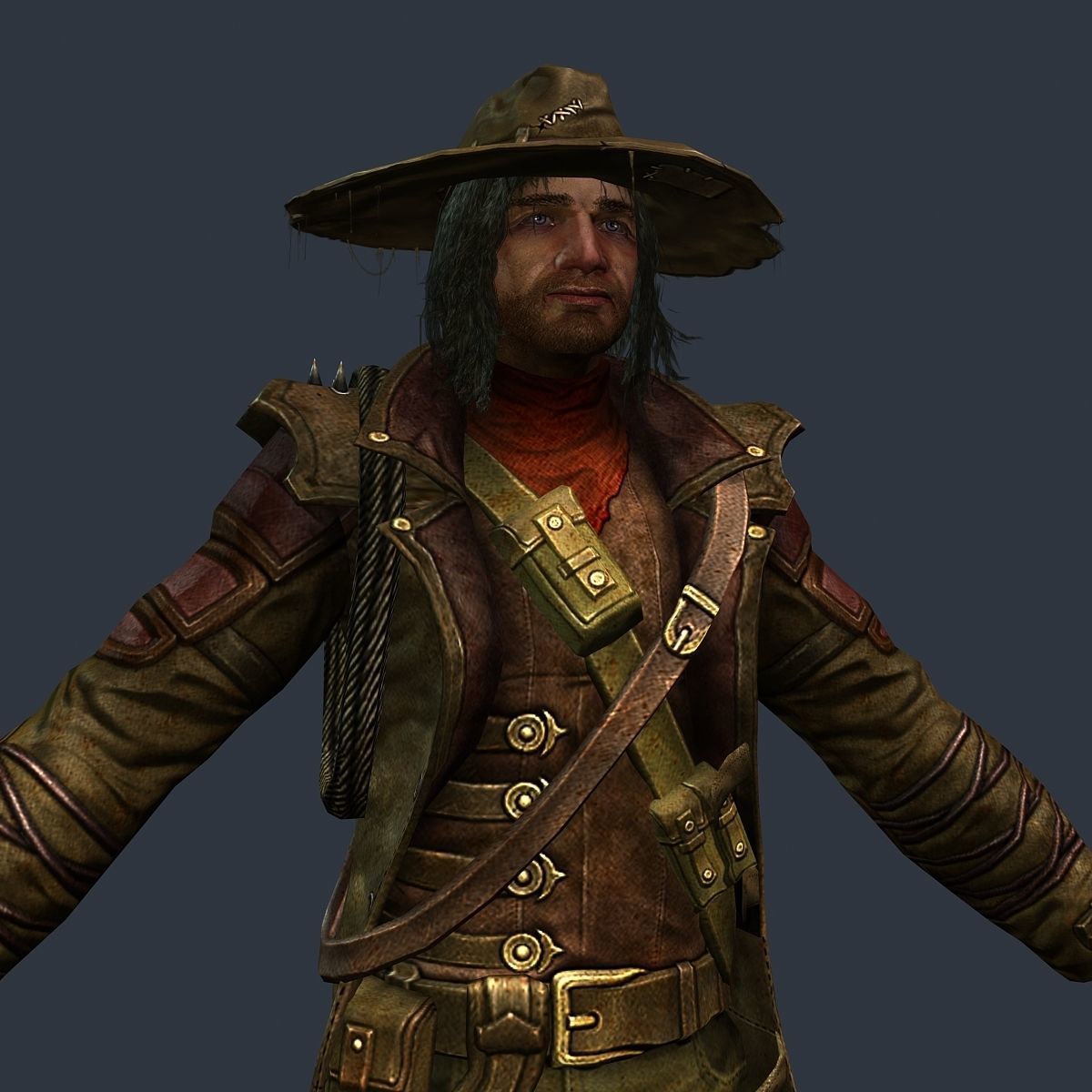 Man Cowboy Leather Coat Wide-Brimmed Hat Game Character Low-poly 3D model_30