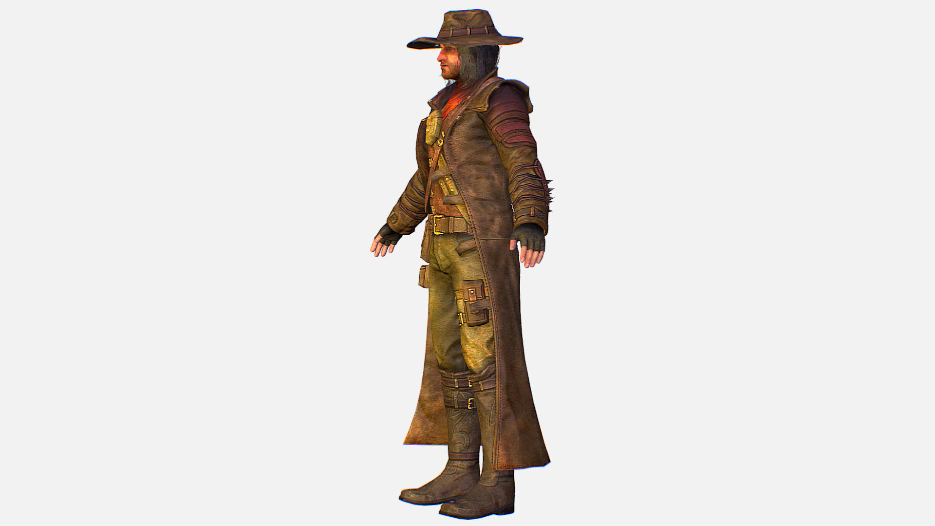 Man Cowboy Leather Coat Wide-Brimmed Hat Game Character Low-poly 3D model_3