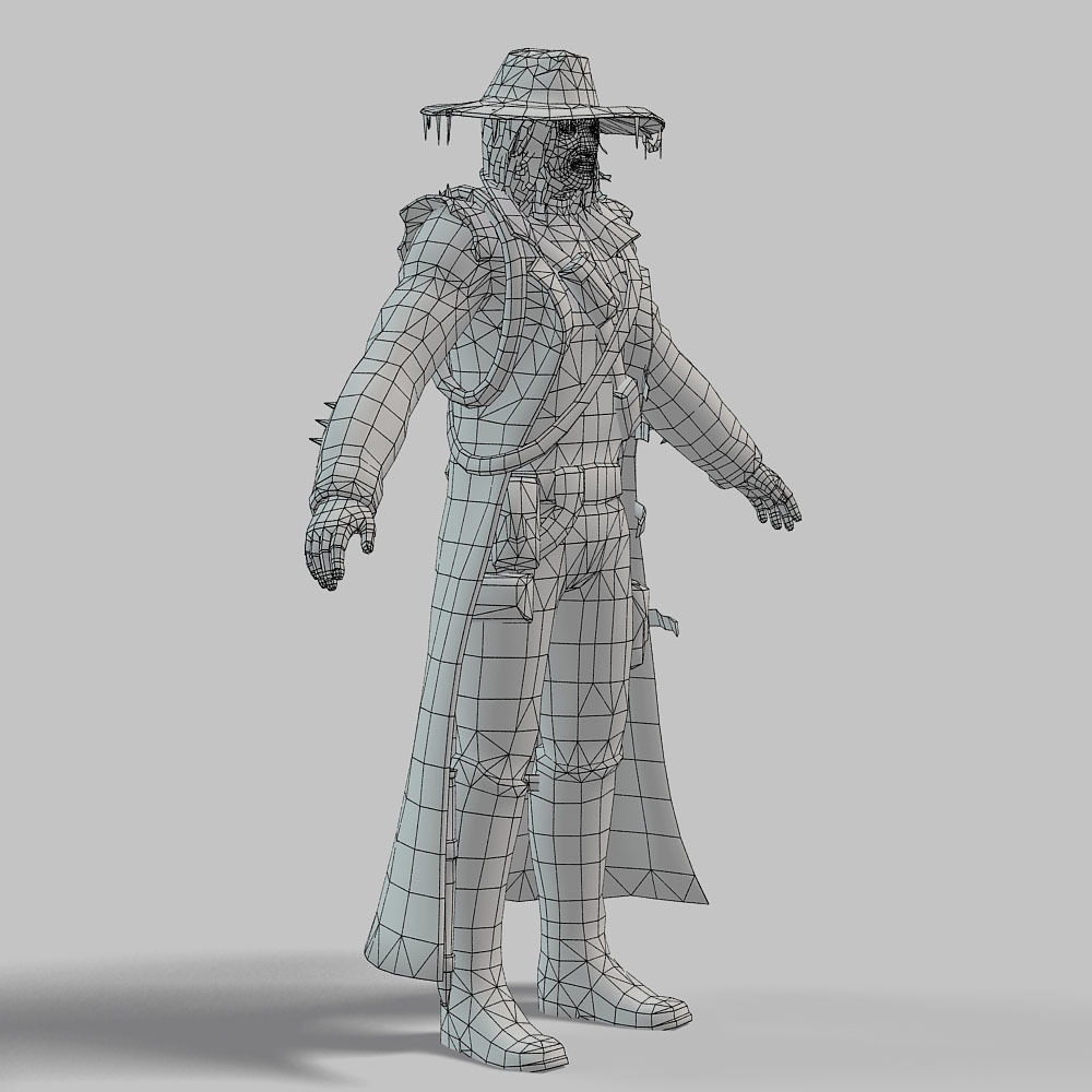 Man Cowboy Leather Coat Wide-Brimmed Hat Game Character Low-poly 3D model_50