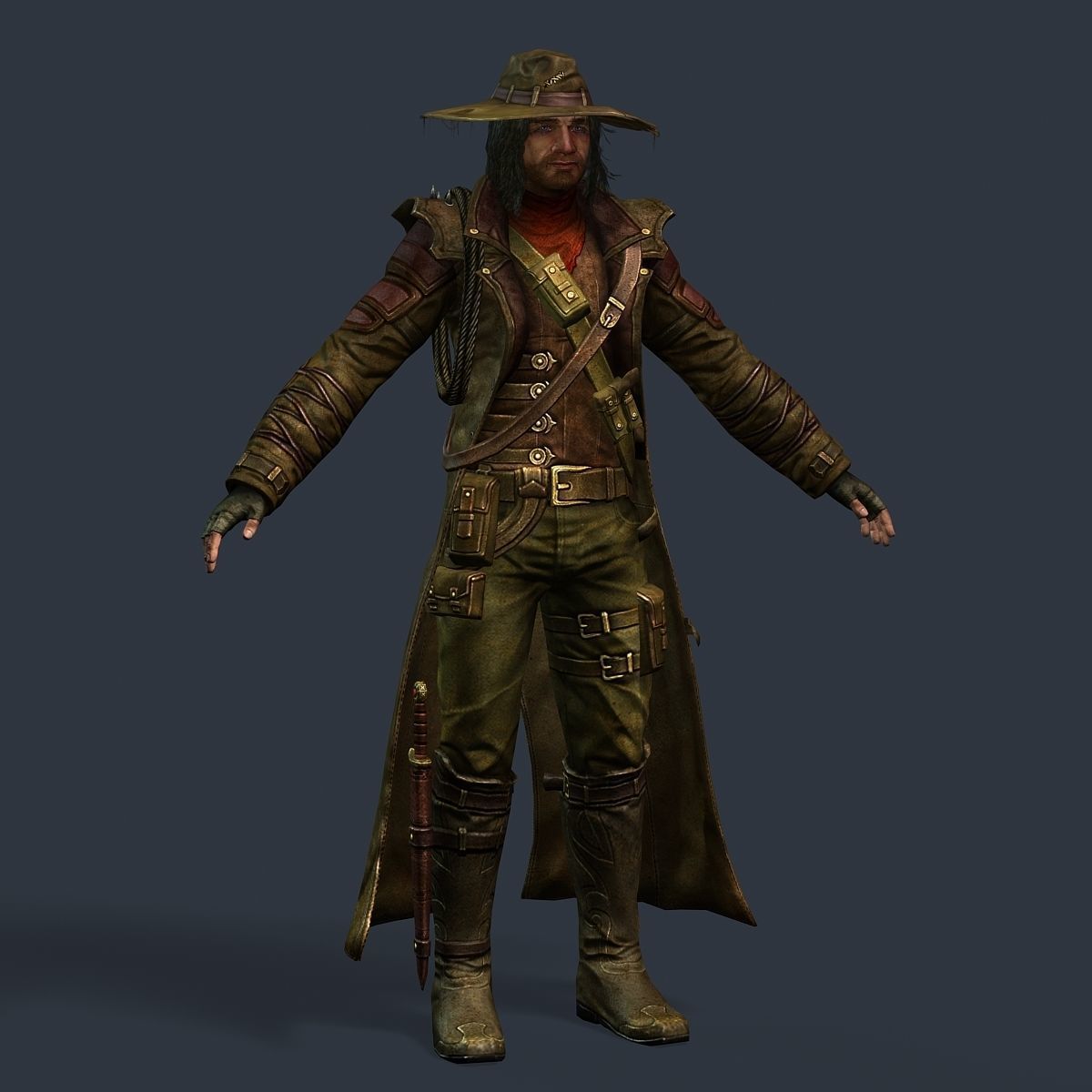 Man Cowboy Leather Coat Wide-Brimmed Hat Game Character Low-poly 3D model_42