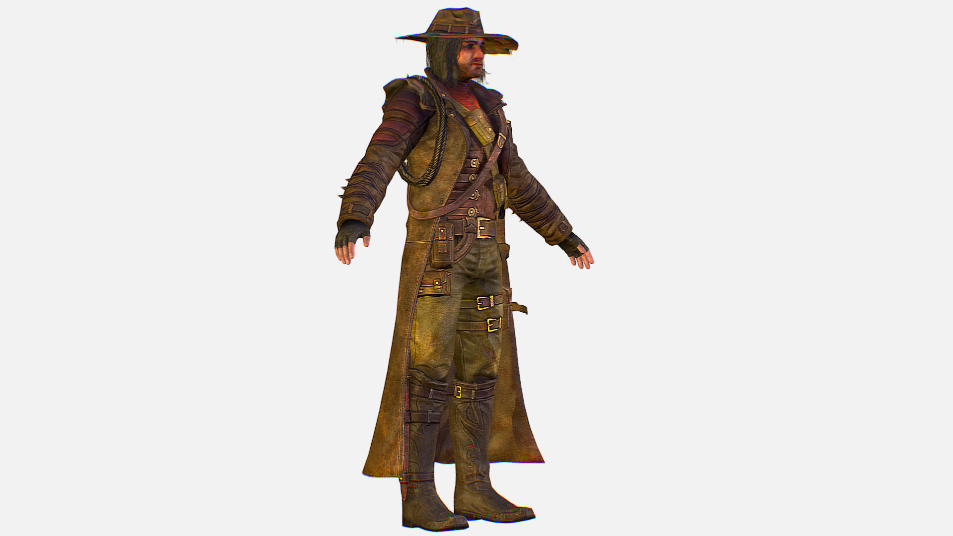 Man Cowboy Leather Coat Wide-Brimmed Hat Game Character Low-poly 3D model_9