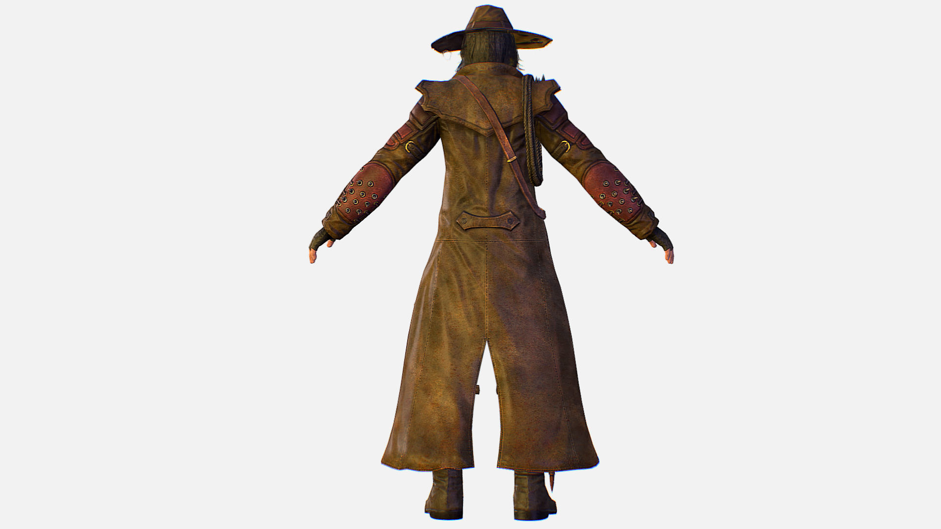 Man Cowboy Leather Coat Wide-Brimmed Hat Game Character Low-poly 3D model_6