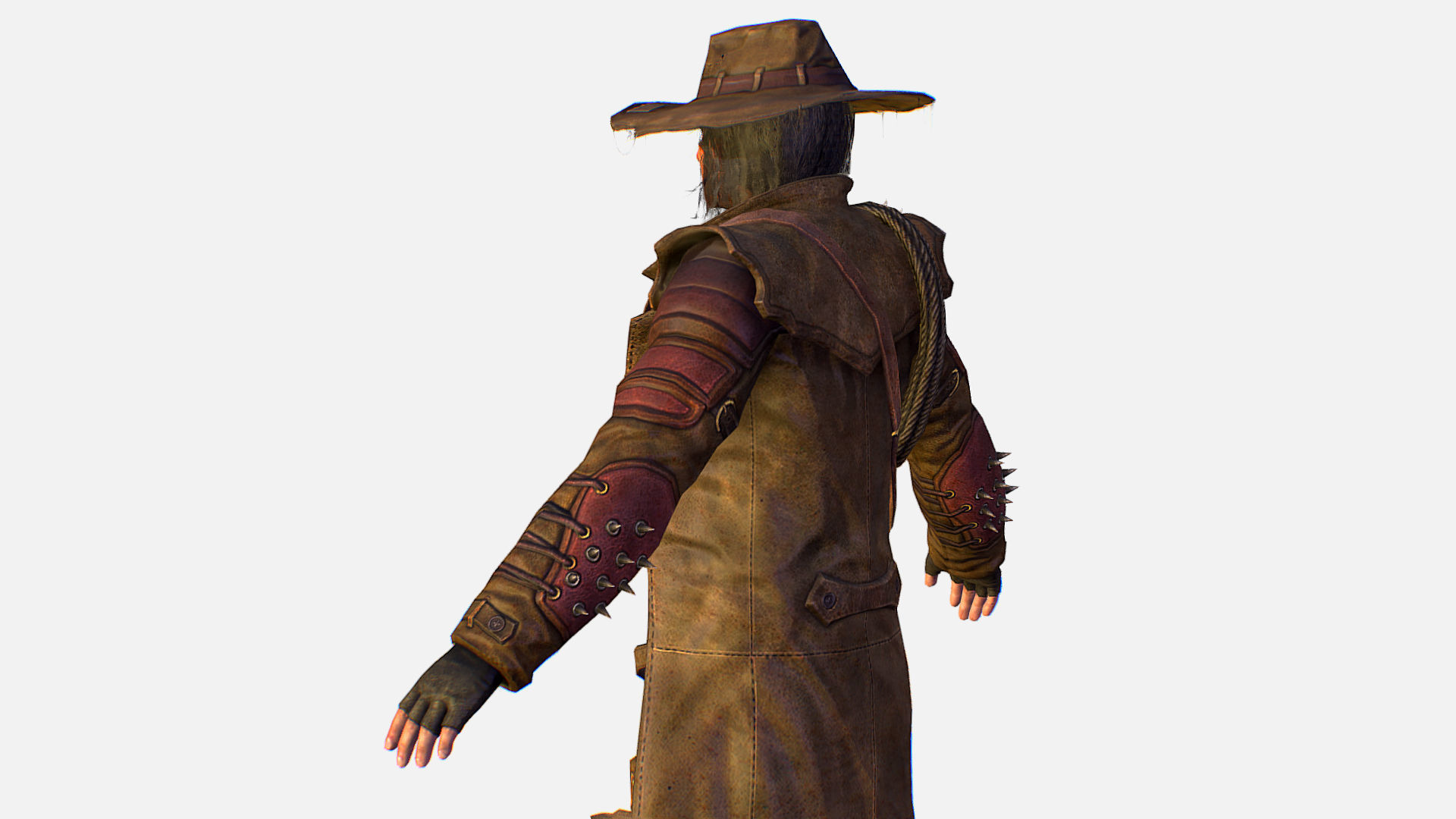 Man Cowboy Leather Coat Wide-Brimmed Hat Game Character Low-poly 3D model_14