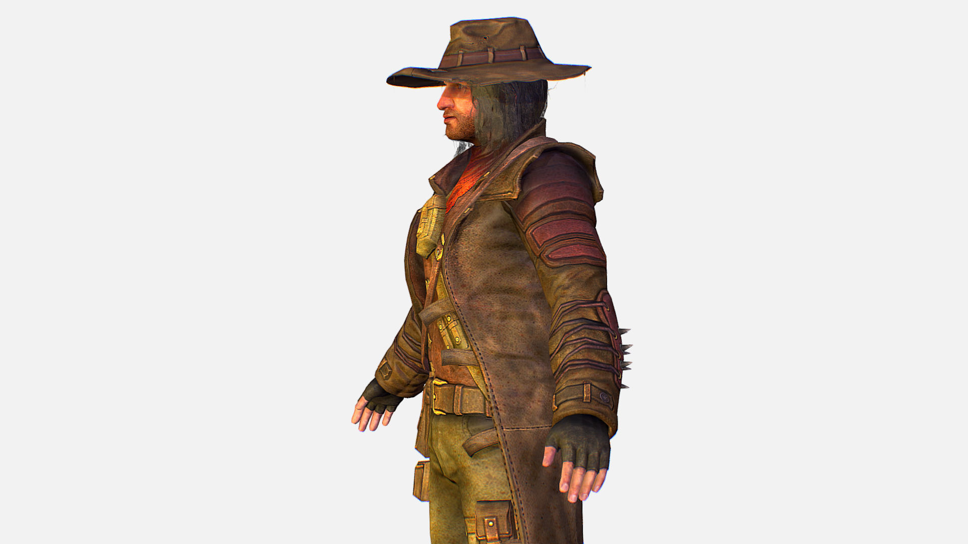 Man Cowboy Leather Coat Wide-Brimmed Hat Game Character Low-poly 3D model_13