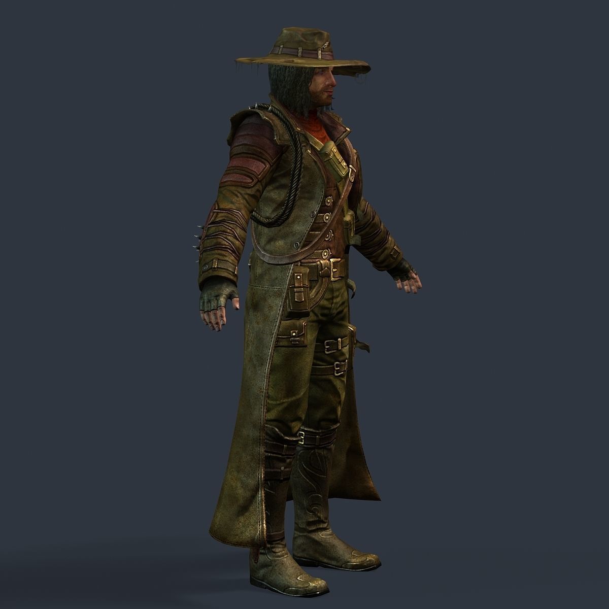 Man Cowboy Leather Coat Wide-Brimmed Hat Game Character Low-poly 3D model_43