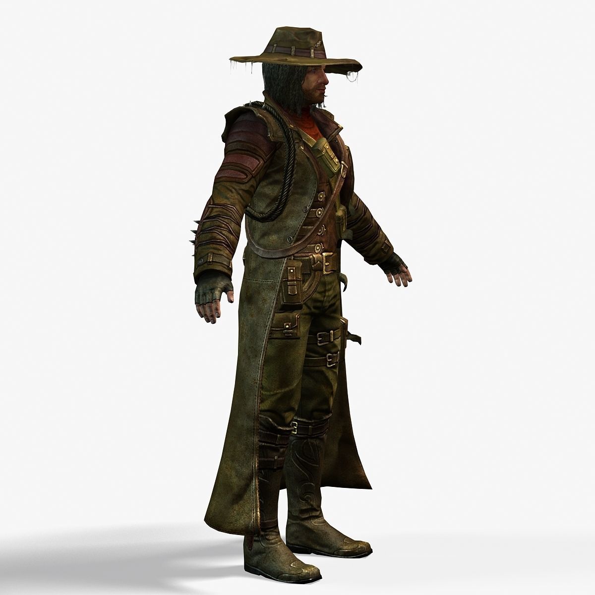 Man Cowboy Leather Coat Wide-Brimmed Hat Game Character Low-poly 3D model_37