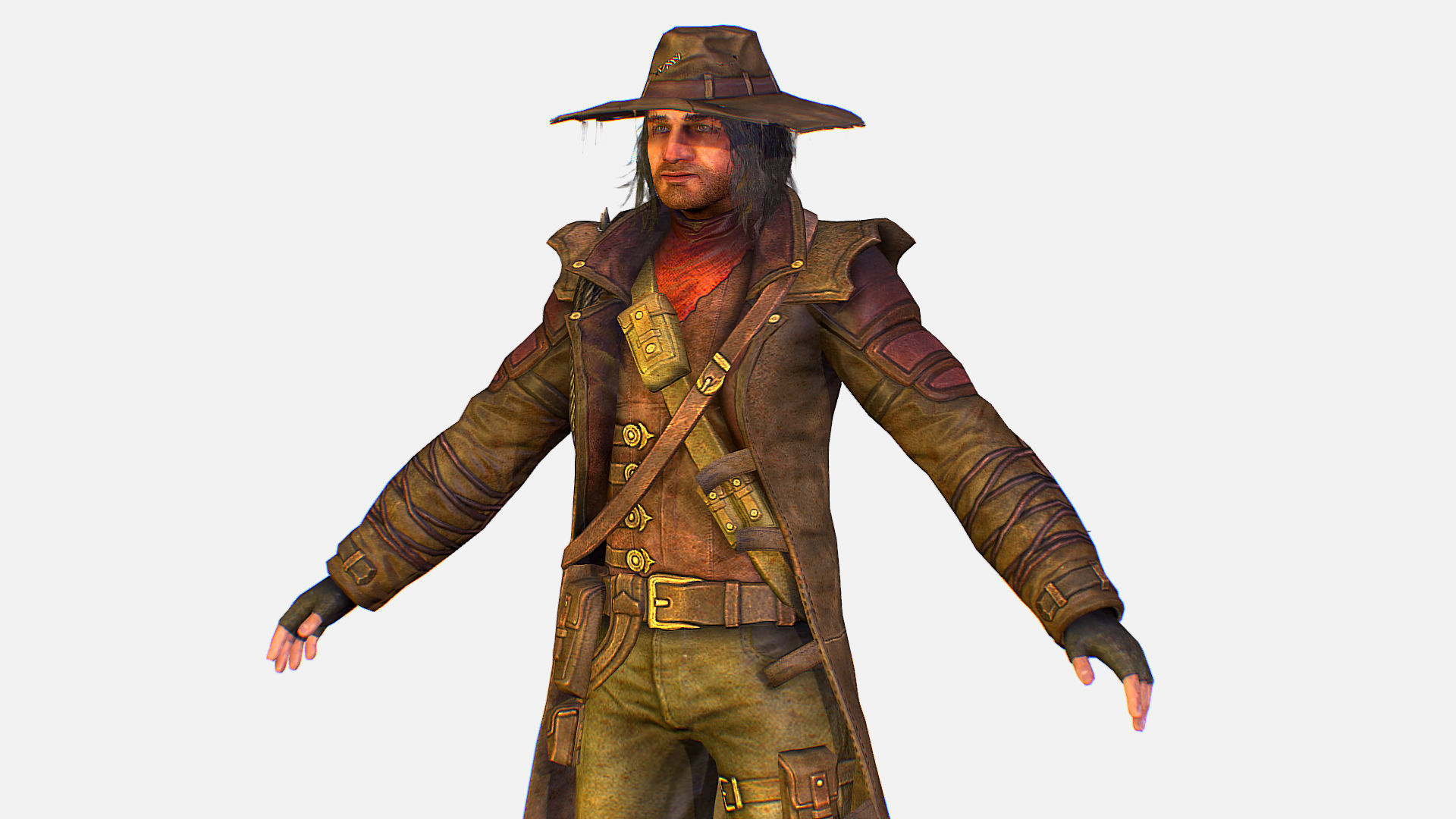 Man Cowboy Leather Coat Wide-Brimmed Hat Game Character Low-poly 3D model_12