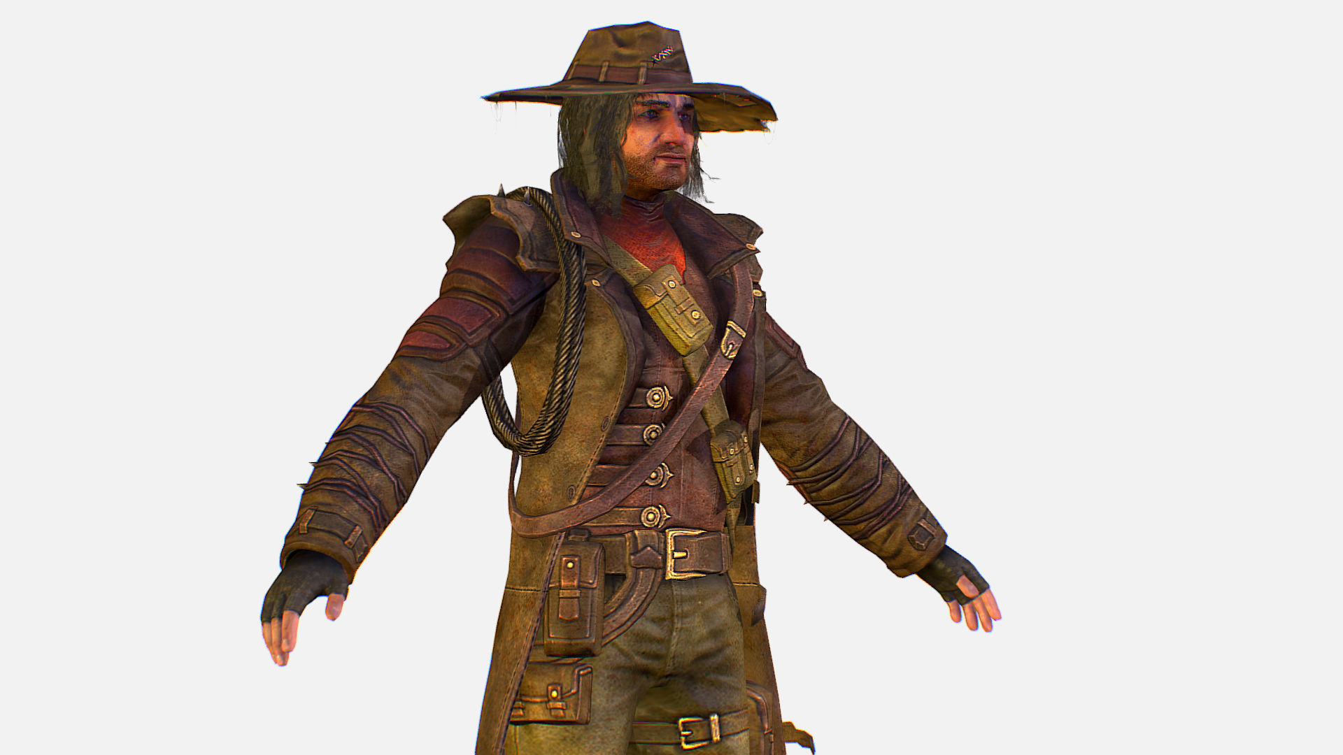 Man Cowboy Leather Coat Wide-Brimmed Hat Game Character Low-poly 3D model_18