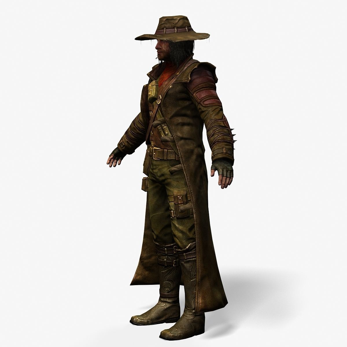 Man Cowboy Leather Coat Wide-Brimmed Hat Game Character Low-poly 3D model_40
