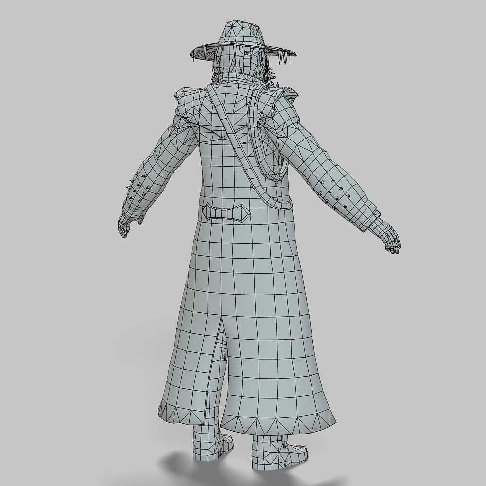 Man Cowboy Leather Coat Wide-Brimmed Hat Game Character Low-poly 3D model_51