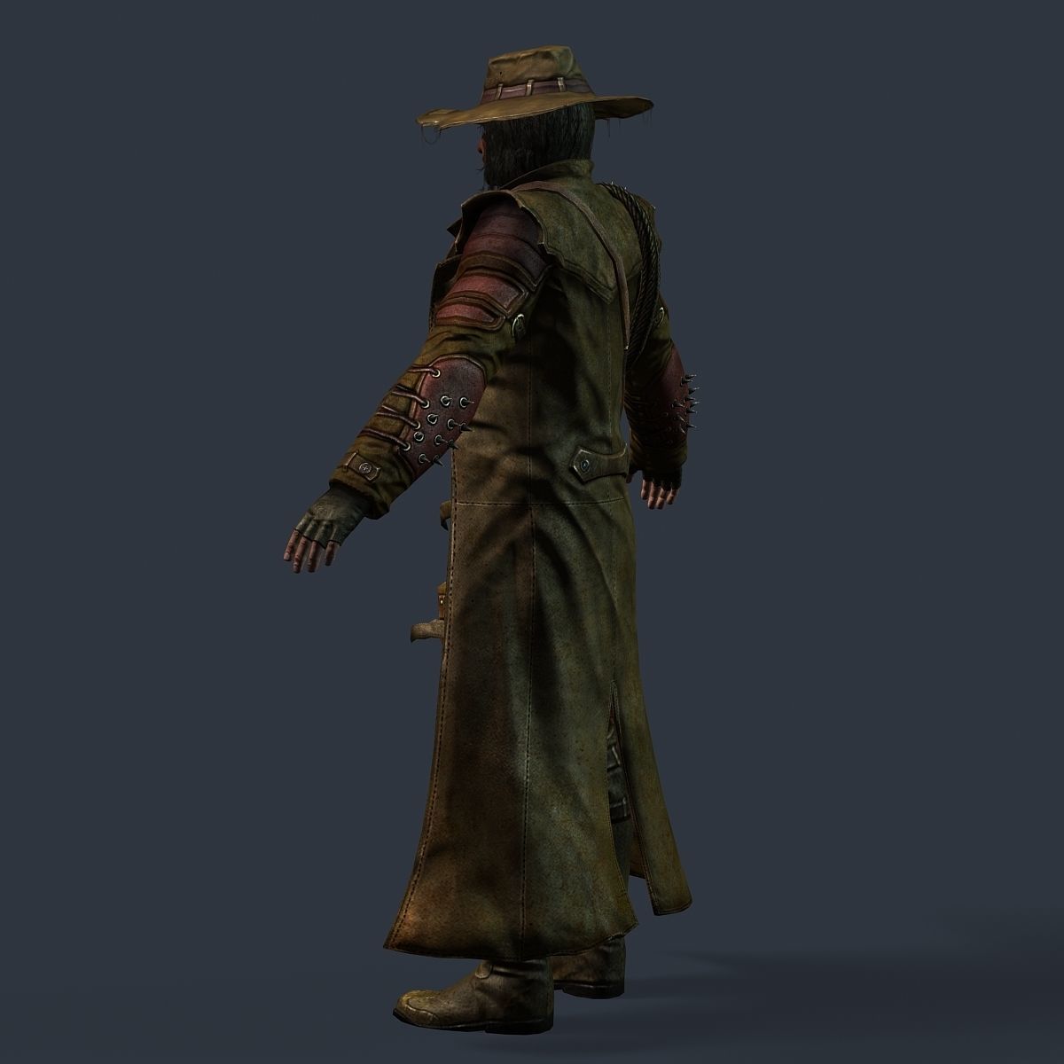 Man Cowboy Leather Coat Wide-Brimmed Hat Game Character Low-poly 3D model_45