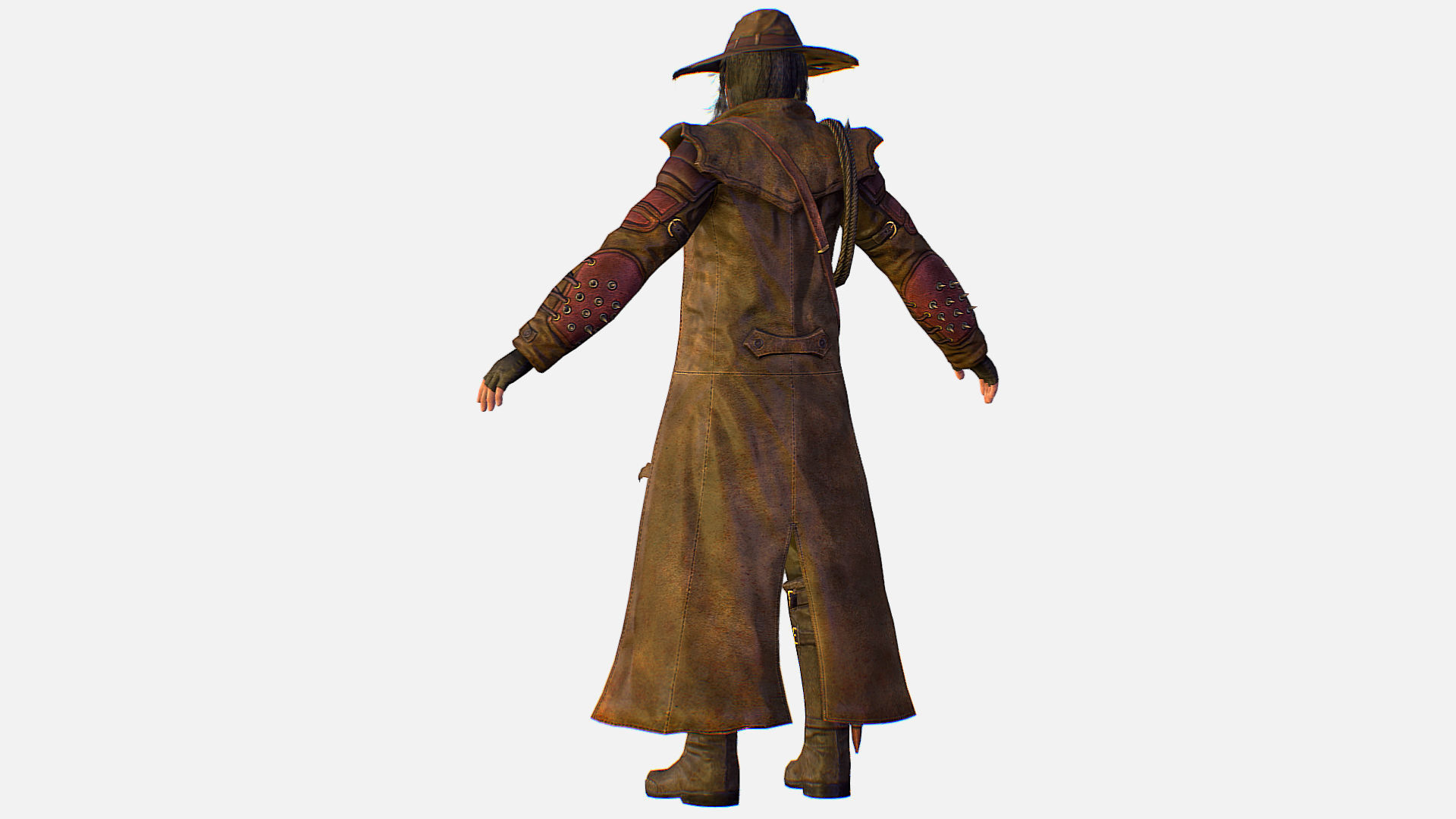 Man Cowboy Leather Coat Wide-Brimmed Hat Game Character Low-poly 3D model_5