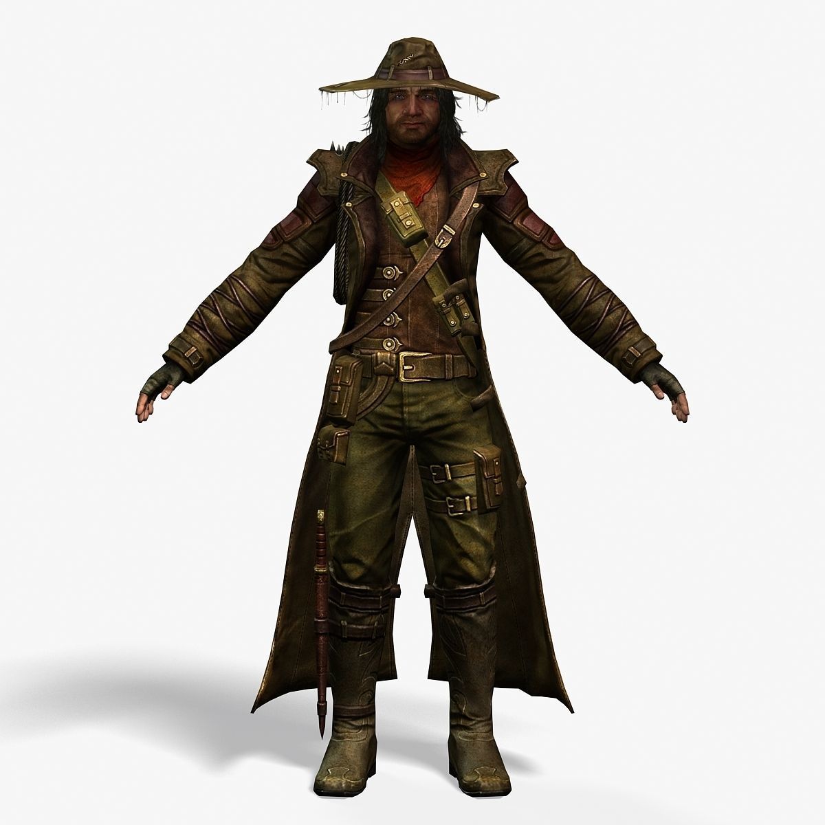 Man Cowboy Leather Coat Wide-Brimmed Hat Game Character Low-poly 3D model_41