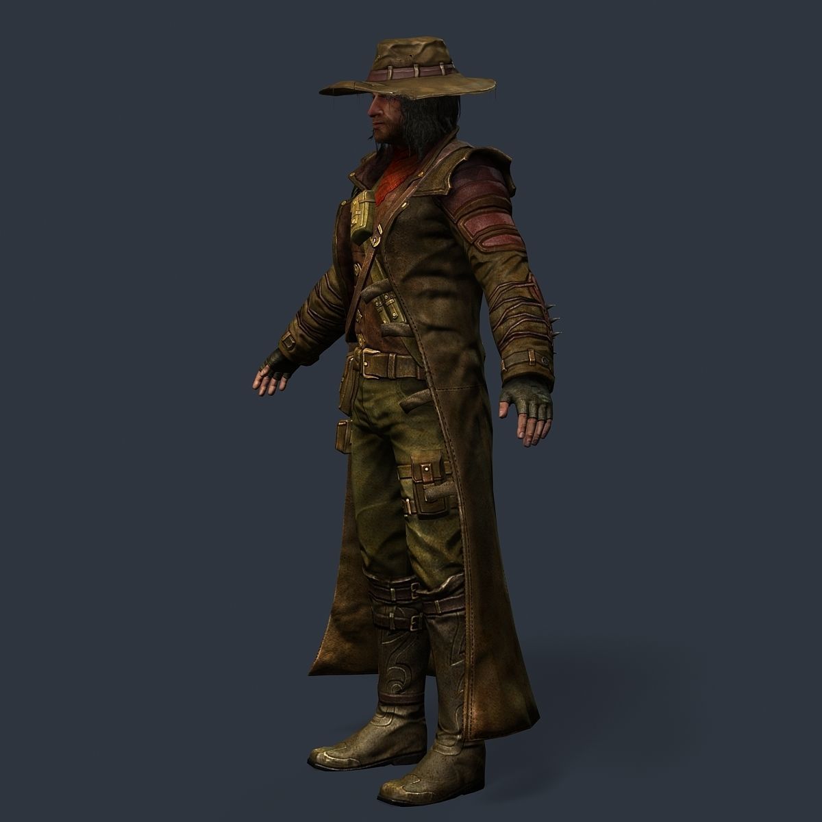 Man Cowboy Leather Coat Wide-Brimmed Hat Game Character Low-poly 3D model_46