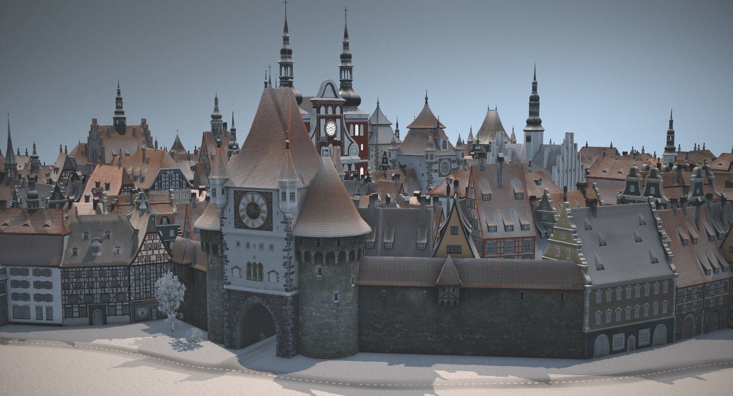Old European Town Winter Low-poly 3D model_9
