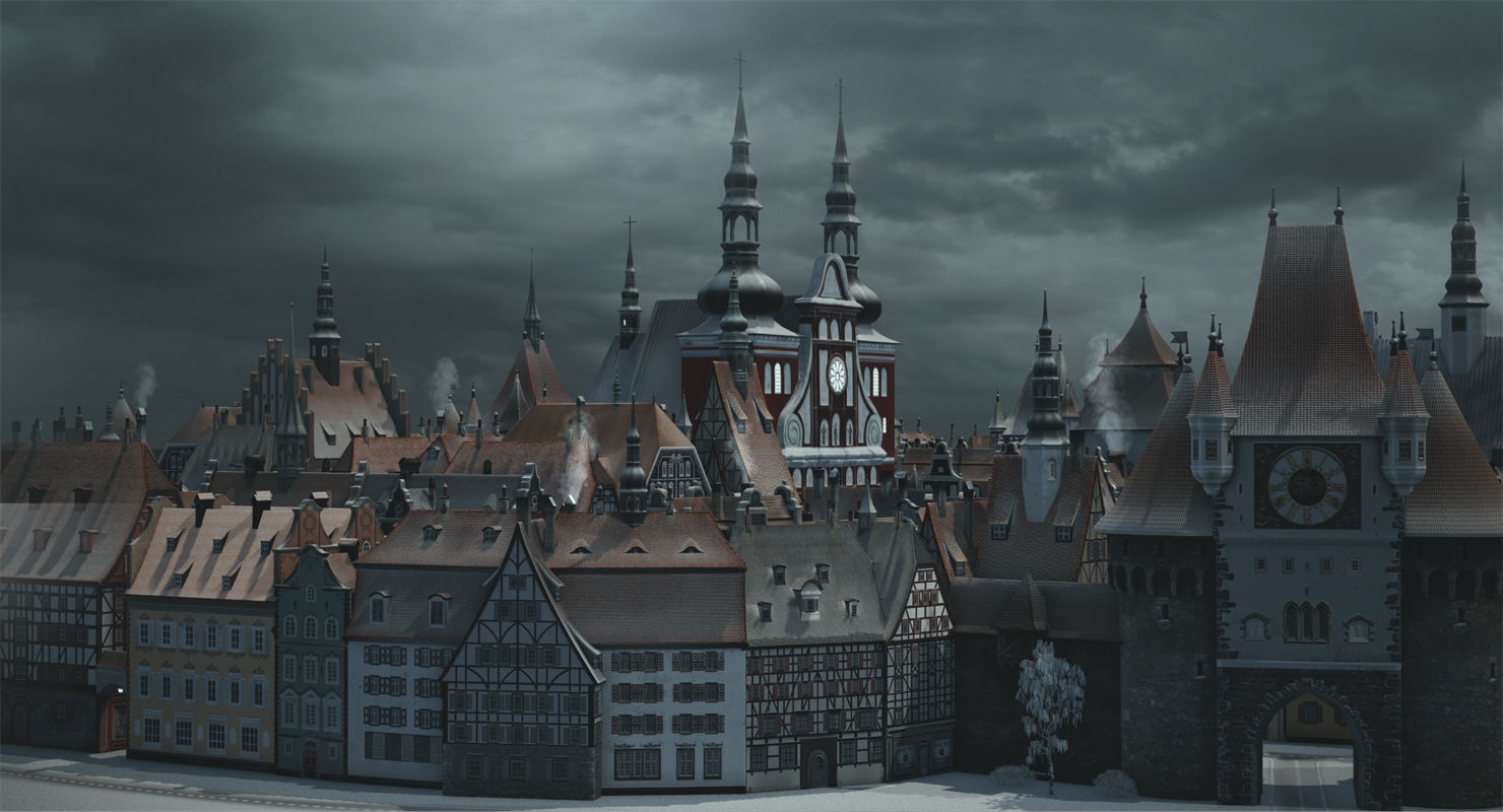 Old European Town Winter Low-poly 3D model_4