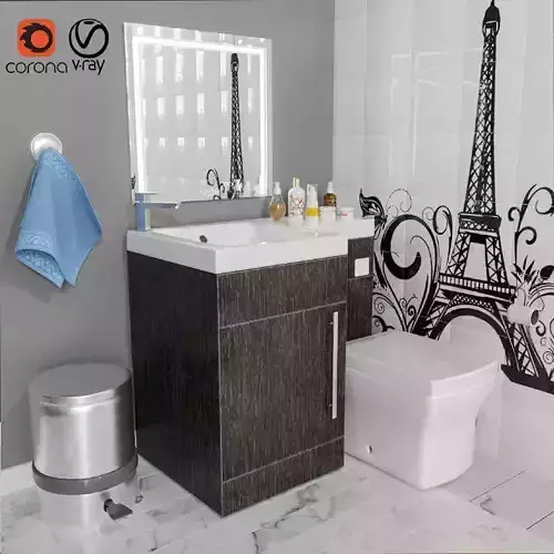 bathrom bathroom with eiffel tower on wall 3D model