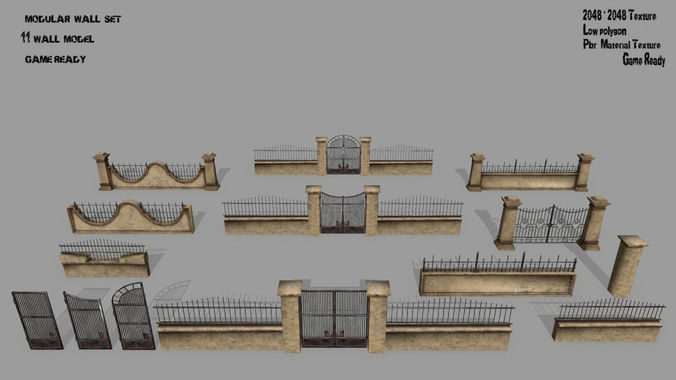 wall set stone with wrought iron railings Low-poly 3D model