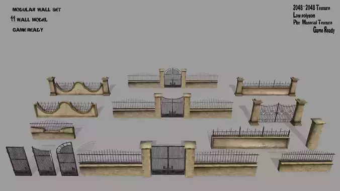 wall set stone with wrought iron railings Low-poly 3D model